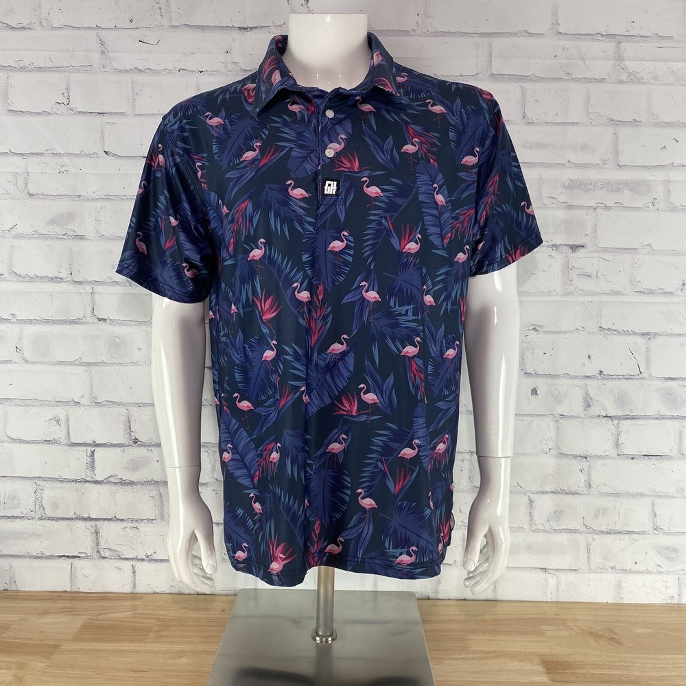 Greater Half Shirt Men's Large Polo Short Sleeve GH Shirt Blue Flamingo Hawaiian - Picture 2 of 10